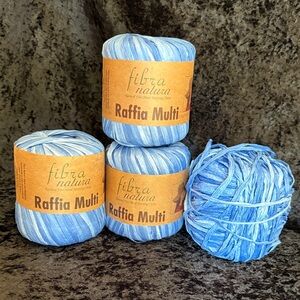 Fibra Natura Raffia Ombré Blues Yarn 3.9 Rolls
87 yds Per Roll Same Dye Lot